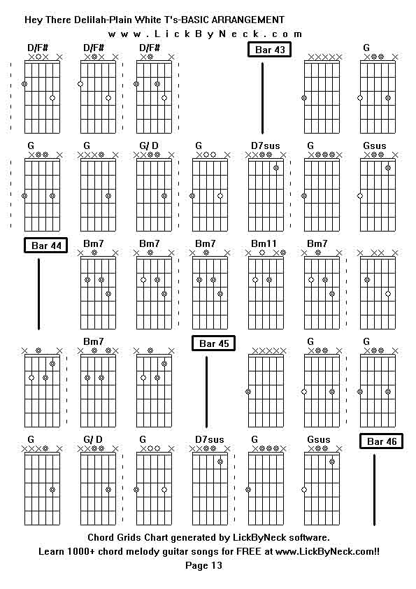 Chord Grids Chart of chord melody fingerstyle guitar song-Hey There Delilah-Plain White T's-BASIC ARRANGEMENT,generated by LickByNeck software.